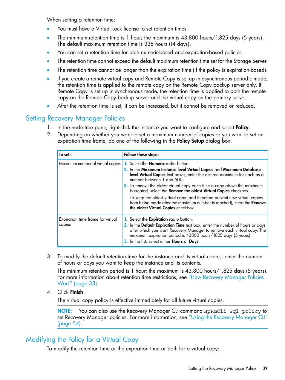 Setting recovery manager policies, Modifying the policy for a virtual copy | HP 3PAR Recovery Manager Software User Manual | Page 39 / 110