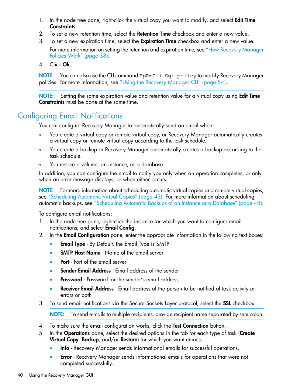 Configuring email notifications | HP 3PAR Recovery Manager Software User Manual | Page 40 / 110