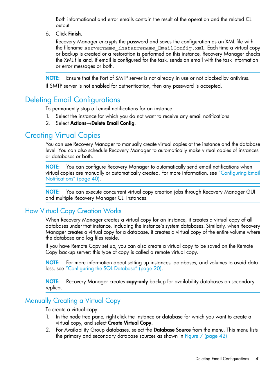 Deleting email configurations, Creating virtual copies, How virtual copy creation works | Manually creating a virtual copy | HP 3PAR Recovery Manager Software User Manual | Page 41 / 110