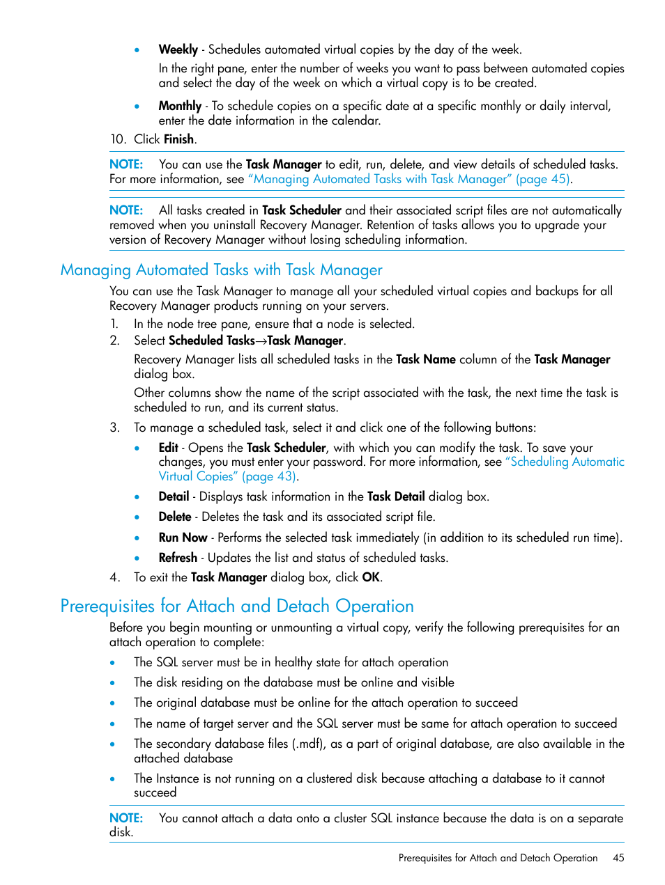 Managing automated tasks with task manager, Prerequisites for attach and detach operation | HP 3PAR Recovery Manager Software User Manual | Page 45 / 110