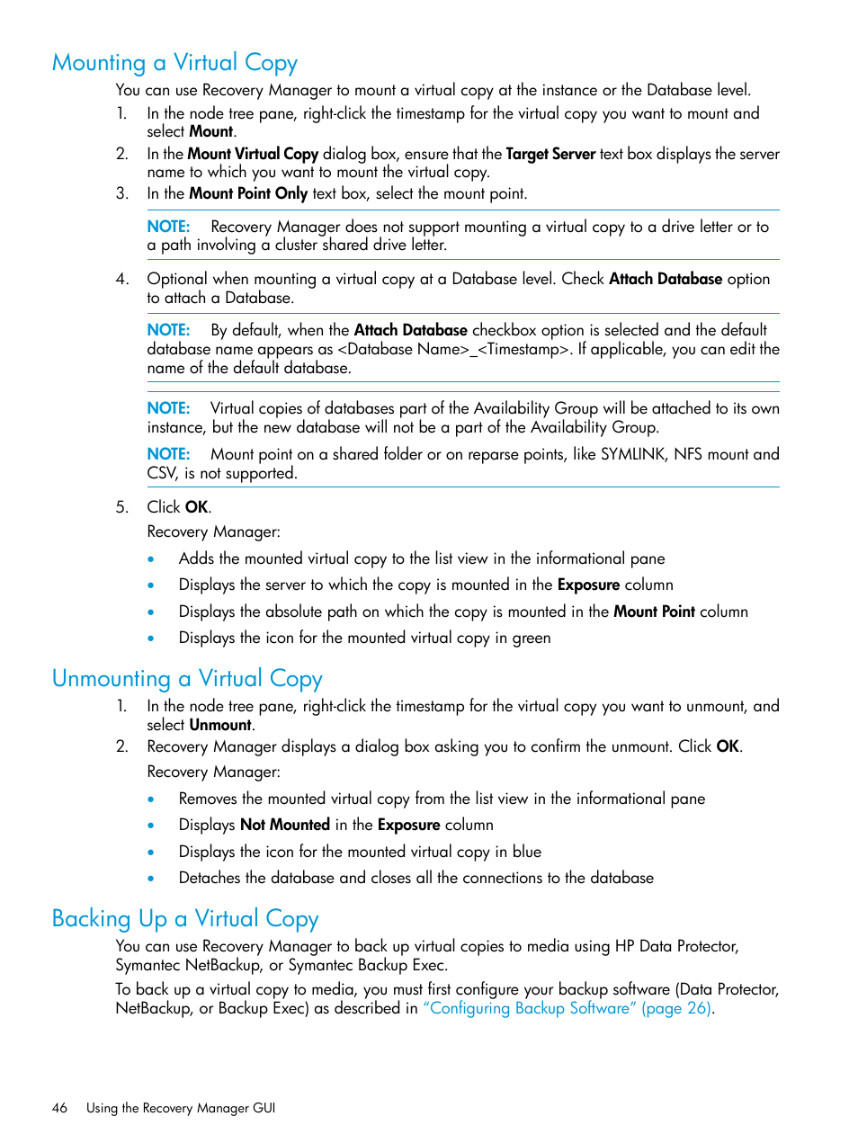 Mounting a virtual copy, Unmounting a virtual copy, Backing up a virtual copy | HP 3PAR Recovery Manager Software User Manual | Page 46 / 110