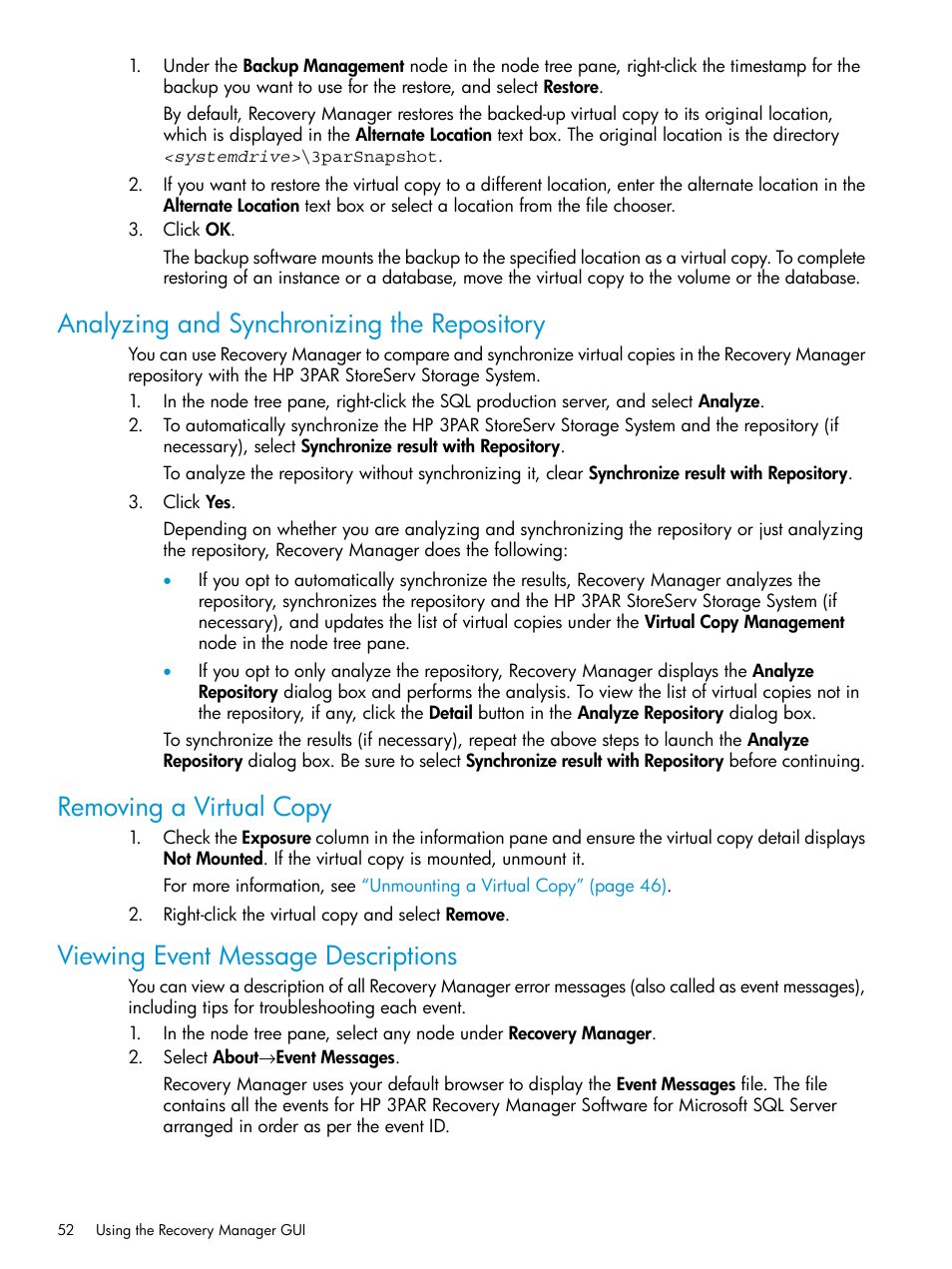 Analyzing and synchronizing the repository, Removing a virtual copy, Viewing event message descriptions | HP 3PAR Recovery Manager Software User Manual | Page 52 / 110