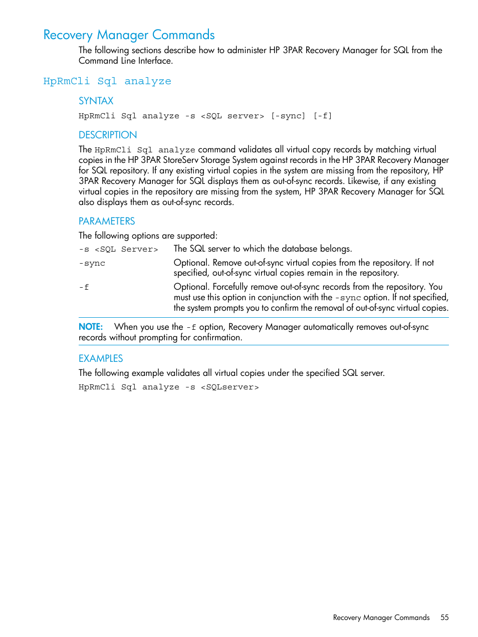 Recovery manager commands, Hprmcli sql analyze | HP 3PAR Recovery Manager Software User Manual | Page 55 / 110