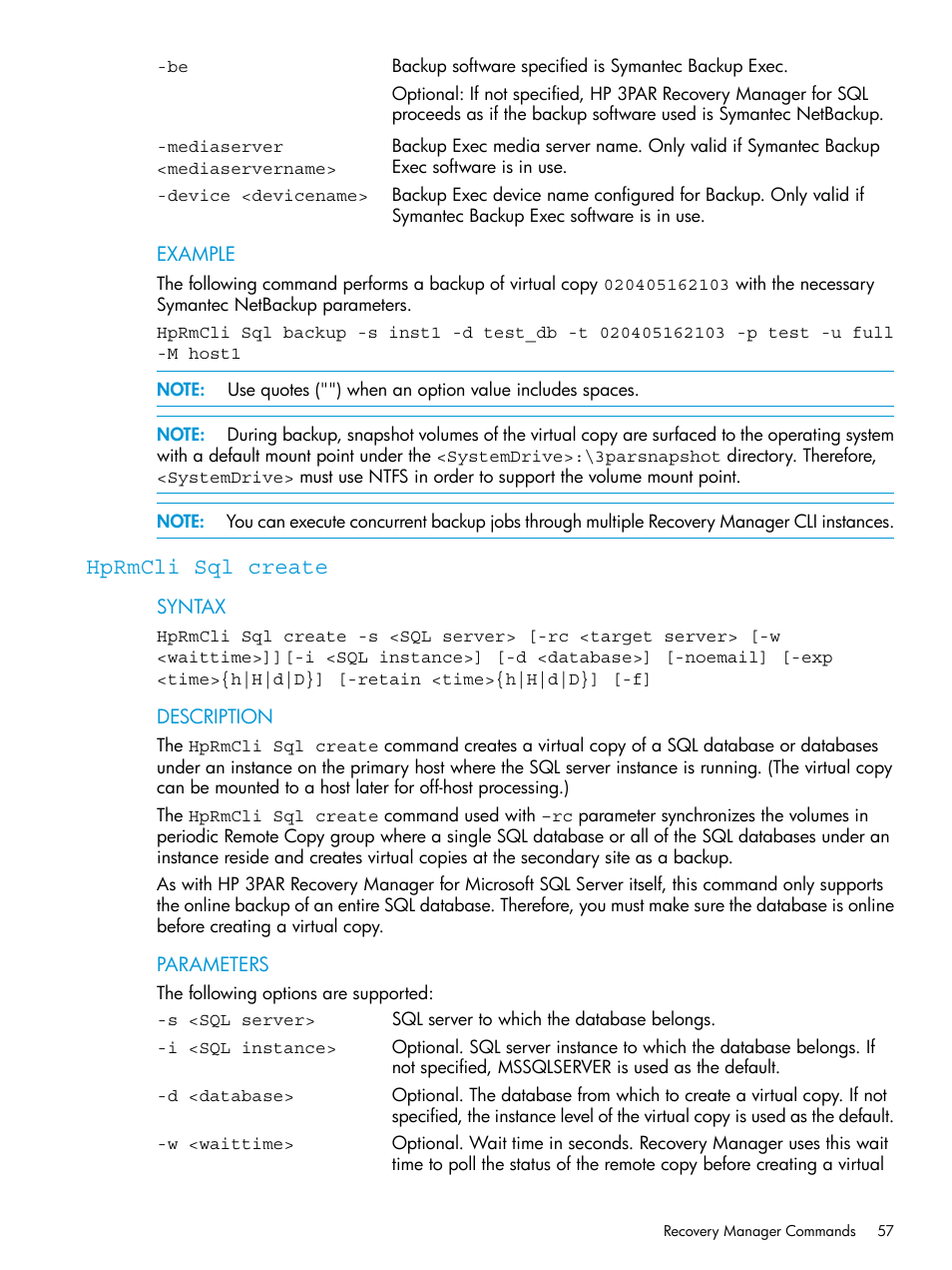 Hprmcli sql create | HP 3PAR Recovery Manager Software User Manual | Page 57 / 110