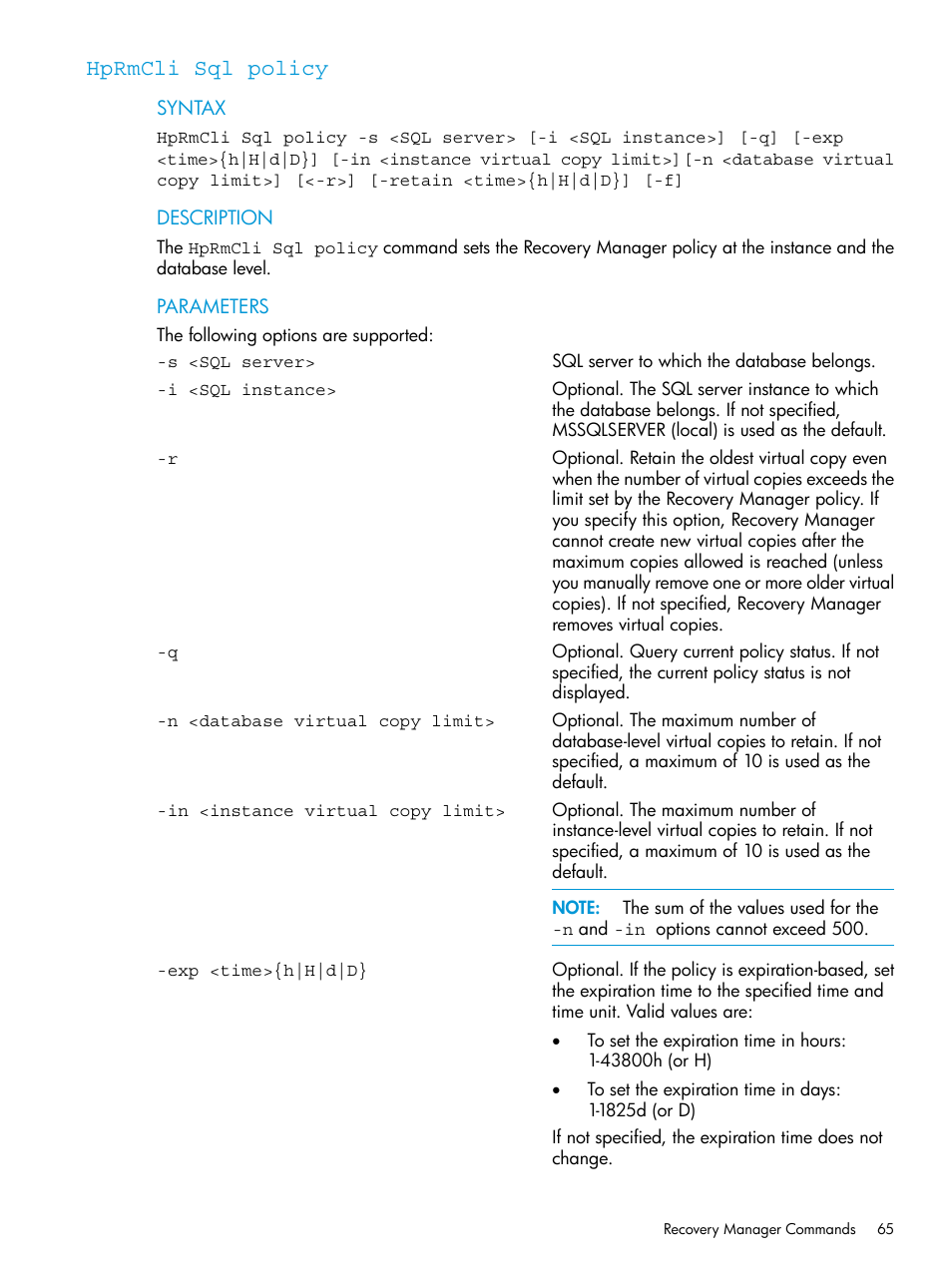 Hprmcli sql policy | HP 3PAR Recovery Manager Software User Manual | Page 65 / 110
