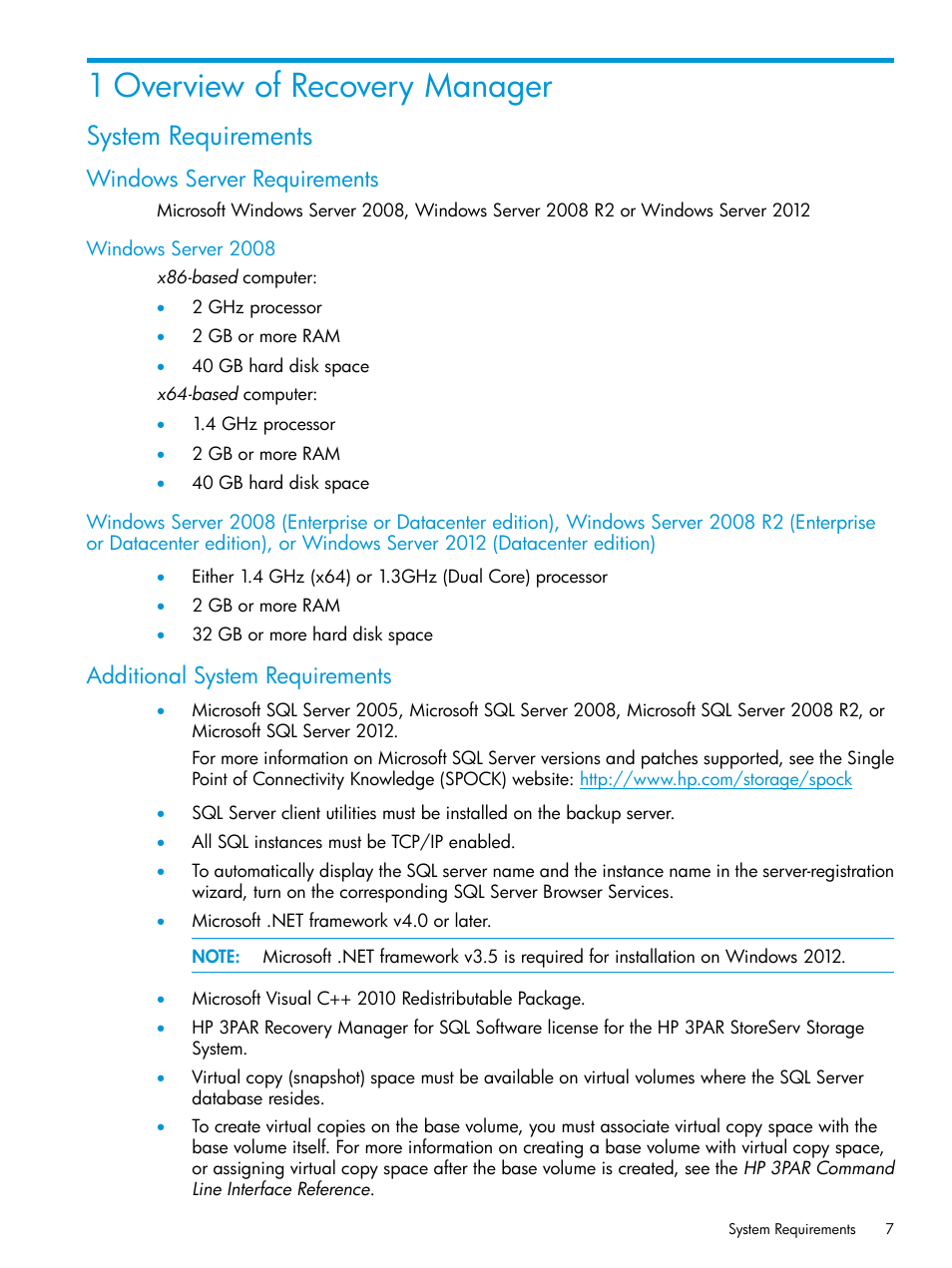 1 overview of recovery manager, System requirements, Windows server requirements | Windows server 2008, Additional system requirements | HP 3PAR Recovery Manager Software User Manual | Page 7 / 110