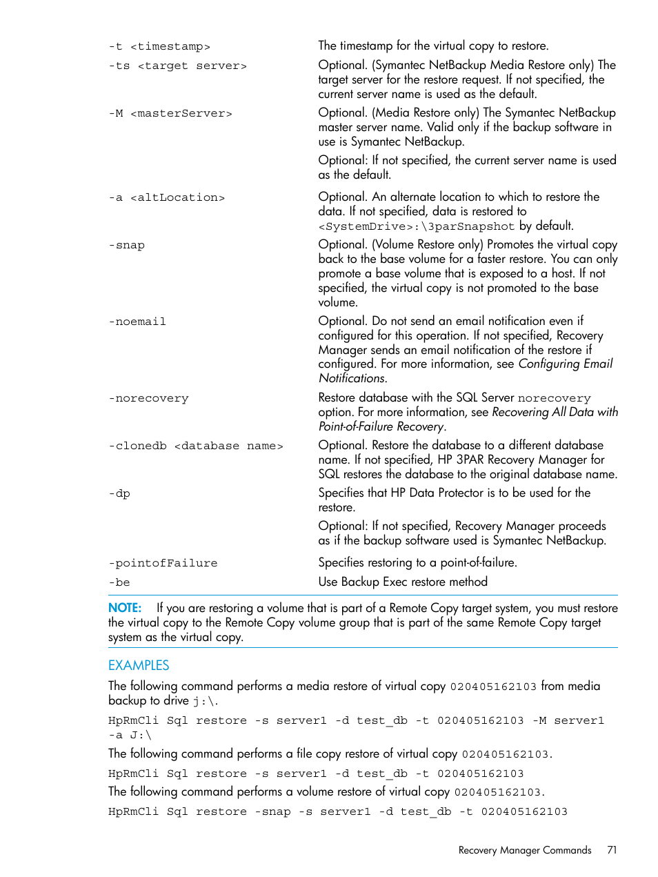 HP 3PAR Recovery Manager Software User Manual | Page 71 / 110