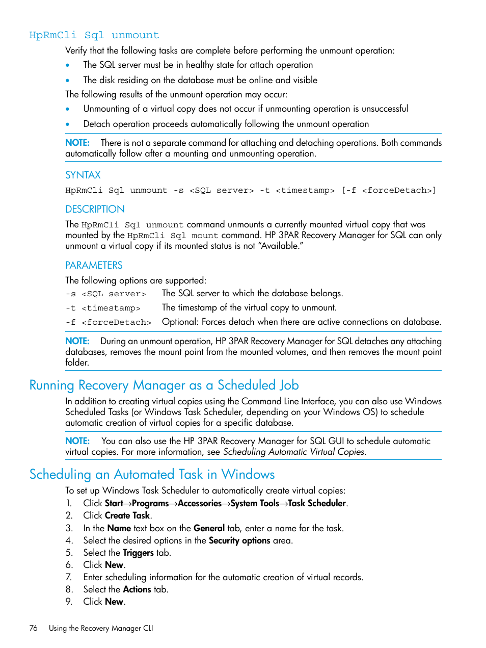 Hprmcli sql unmount, Running recovery manager as a scheduled job, Scheduling an automated task in windows | HP 3PAR Recovery Manager Software User Manual | Page 76 / 110