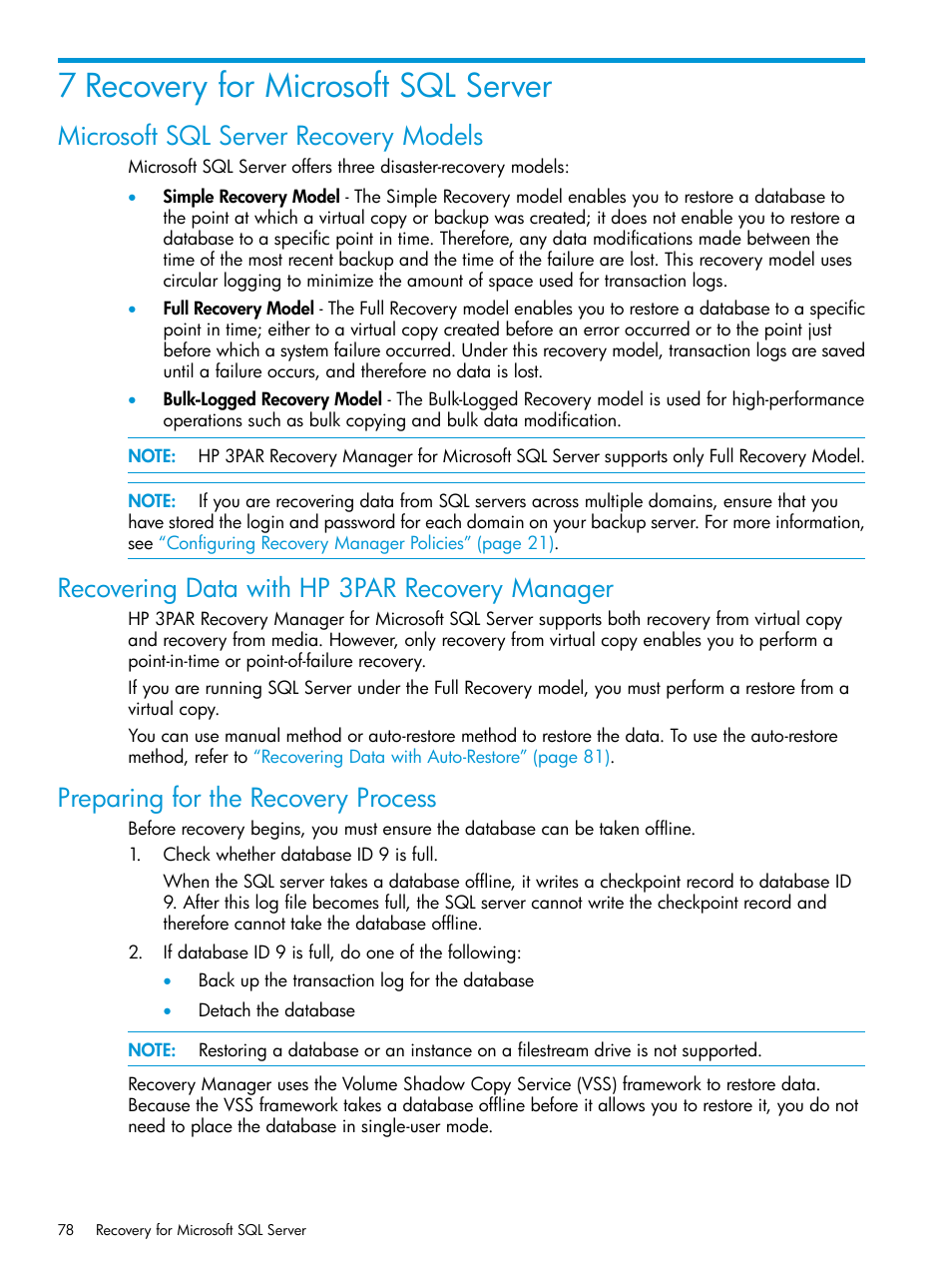 7 recovery for microsoft sql server, Microsoft sql server recovery models, Recovering data with hp 3par recovery manager | Preparing for the recovery process | HP 3PAR Recovery Manager Software User Manual | Page 78 / 110