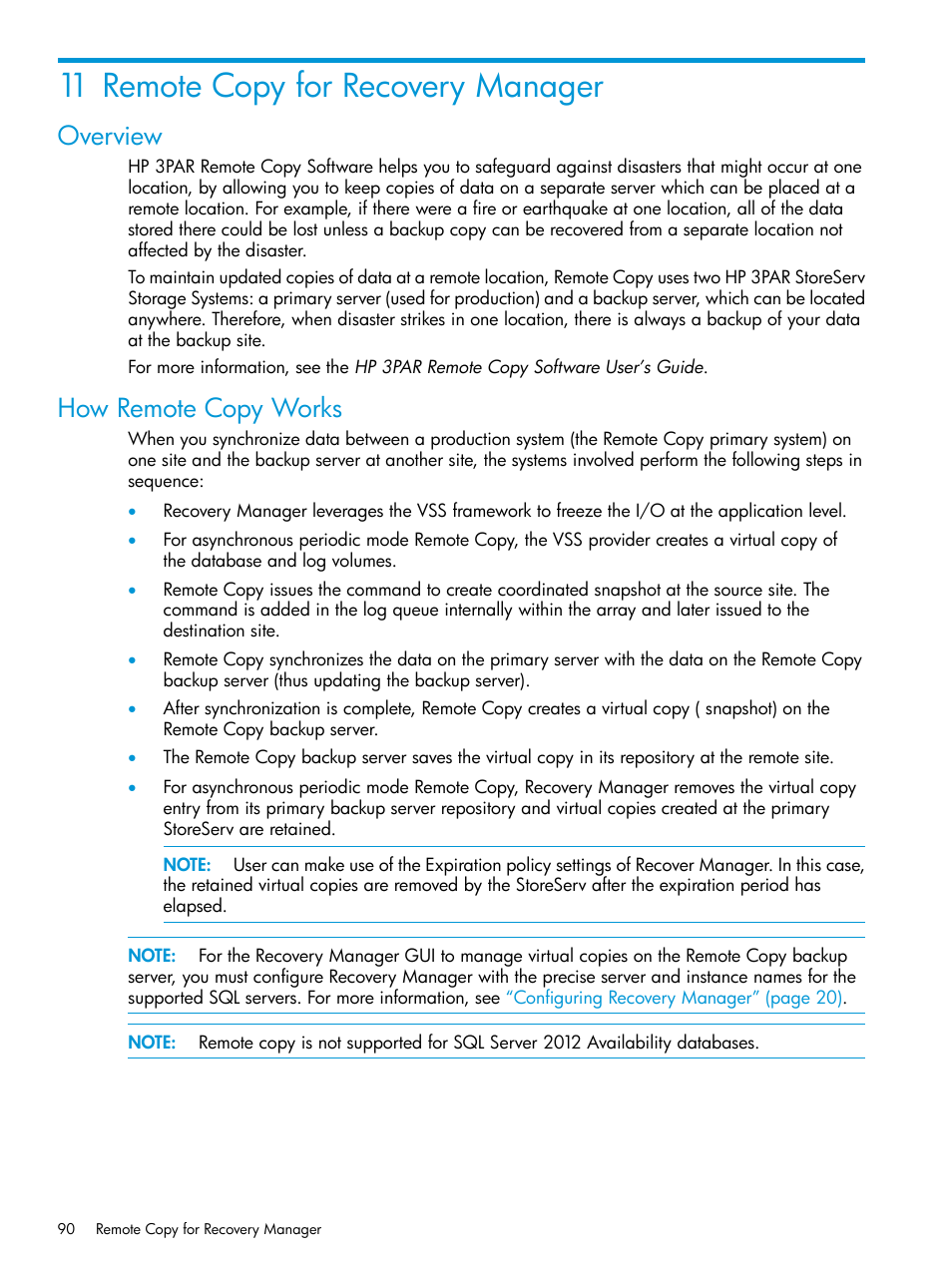 11 remote copy for recovery manager, Overview, How remote copy works | Overview how remote copy works, Remote copy | HP 3PAR Recovery Manager Software User Manual | Page 90 / 110