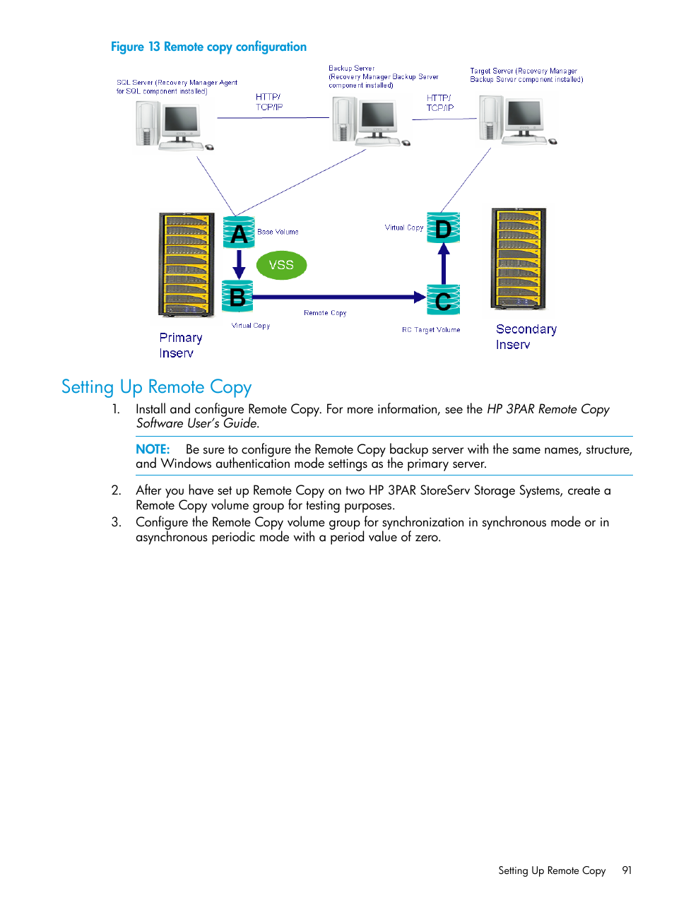 Setting up remote copy | HP 3PAR Recovery Manager Software User Manual | Page 91 / 110
