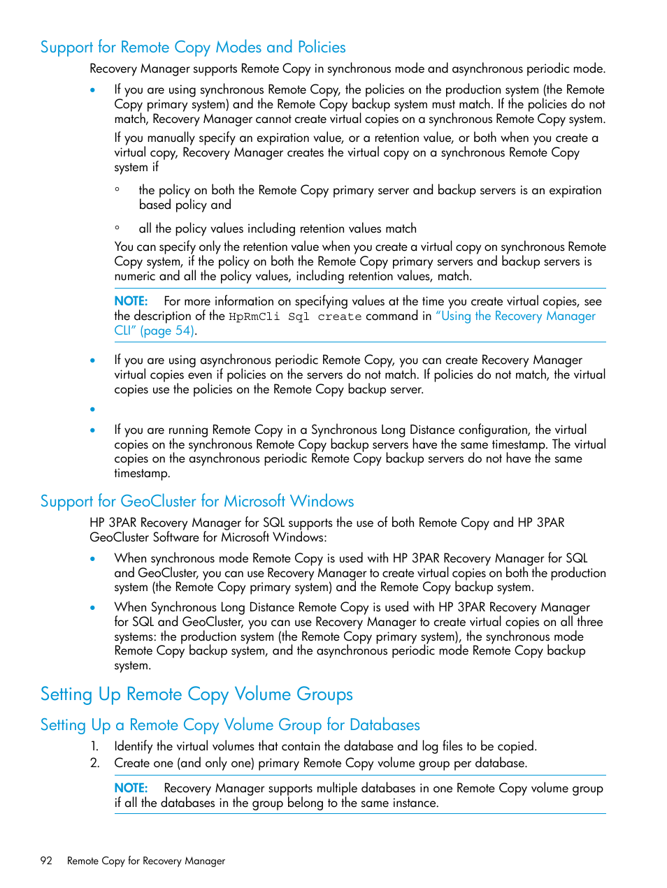 Support for remote copy modes and policies, Support for geocluster for microsoft windows, Setting up remote copy volume groups | HP 3PAR Recovery Manager Software User Manual | Page 92 / 110