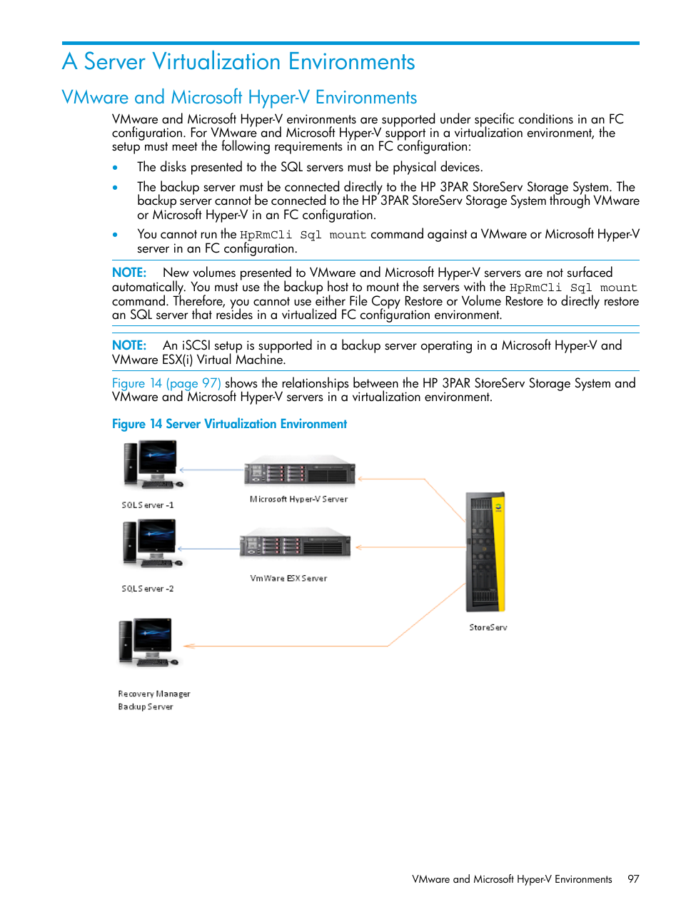 A server virtualization environments, Vmware and microsoft hyper-v environments | HP 3PAR Recovery Manager Software User Manual | Page 97 / 110