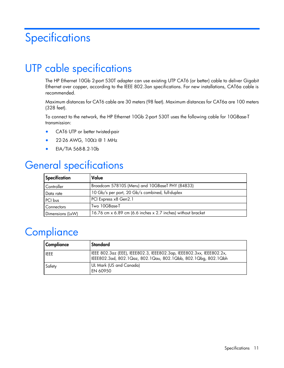 Specifications, Utp cable specifications, General specifications | Compliance | HP Ethernet 10Gb 2-port 530T Adapter User Manual | Page 11 / 16