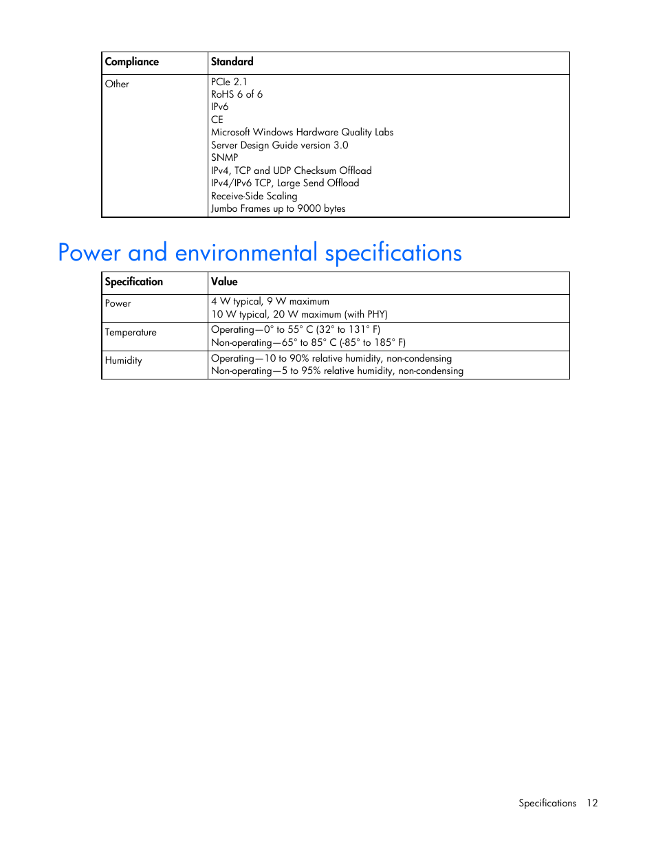 Power and environmental specifications | HP Ethernet 10Gb 2-port 530T Adapter User Manual | Page 12 / 16