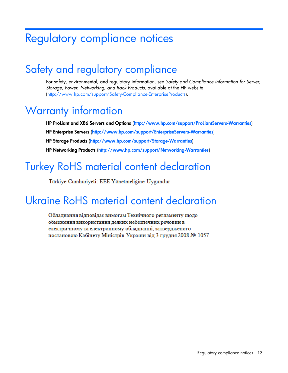 Regulatory compliance notices, Safety and regulatory compliance, Warranty information | Turkey rohs material content declaration, Ukraine rohs material content declaration | HP Ethernet 10Gb 2-port 530T Adapter User Manual | Page 13 / 16