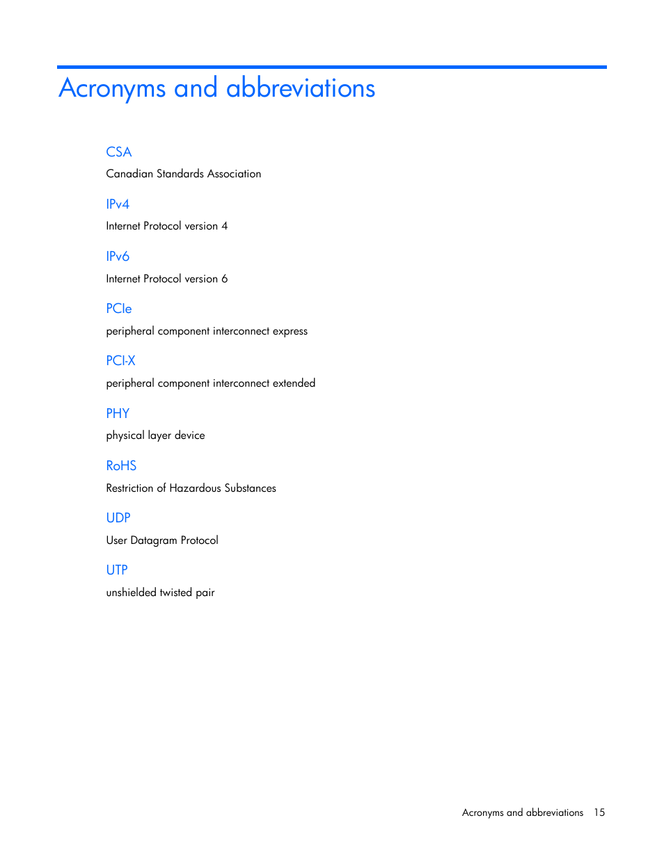 Acronyms and abbreviations | HP Ethernet 10Gb 2-port 530T Adapter User Manual | Page 15 / 16