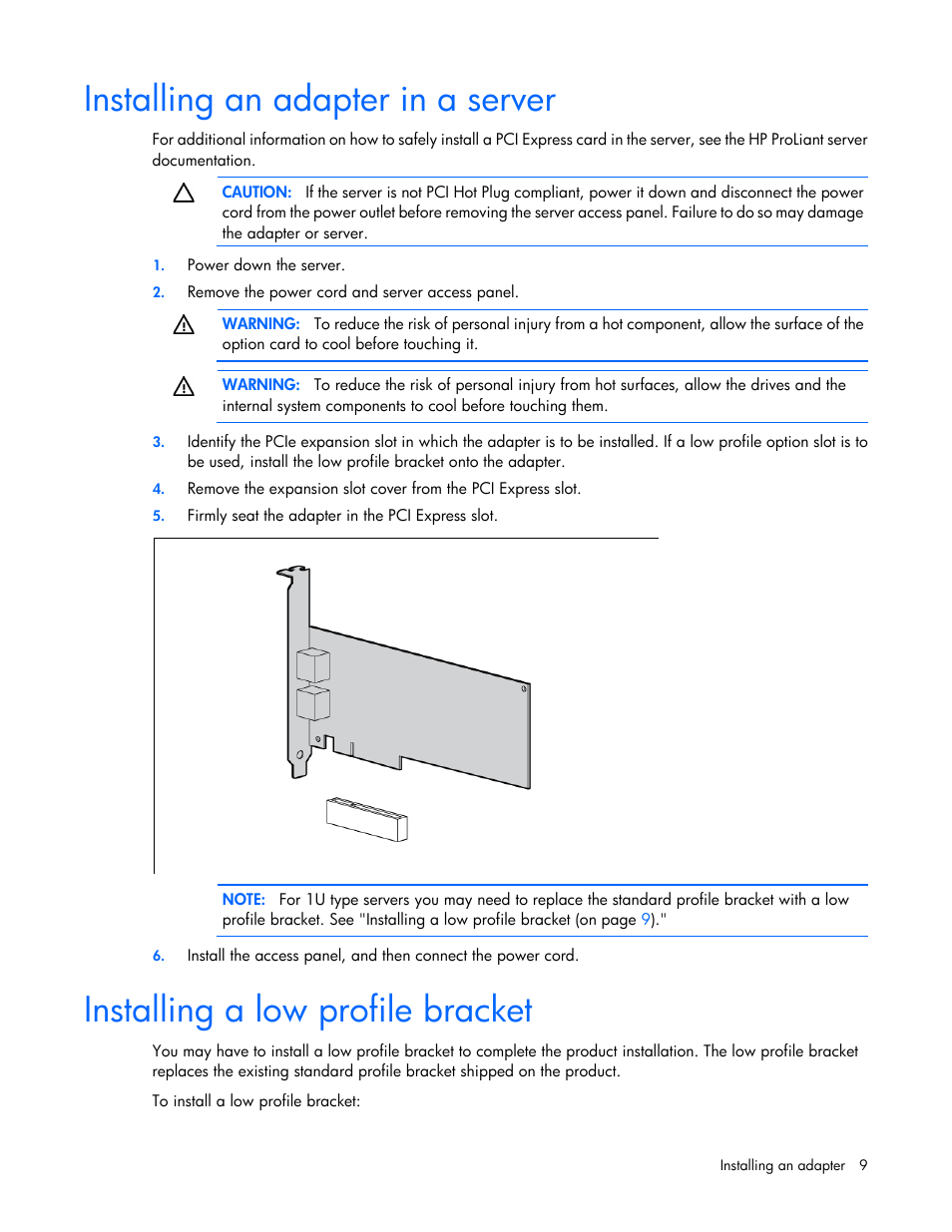 Installing an adapter in a server, Installing a low profile bracket | HP Ethernet 10Gb 2-port 530T Adapter User Manual | Page 9 / 16
