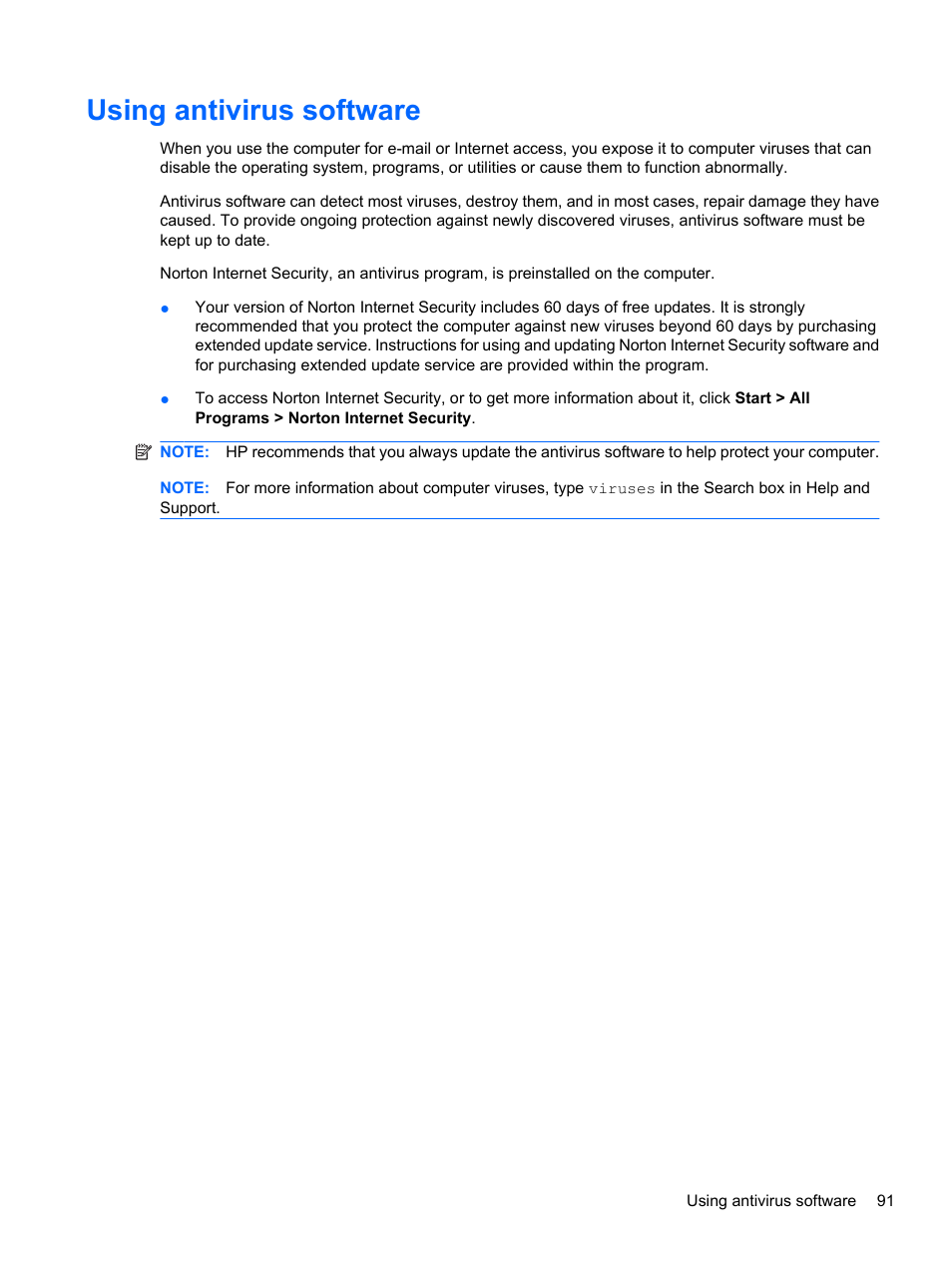Using antivirus software | HP Compaq Presario CQ42-152TU Notebook PC User Manual | Page 101 / 123