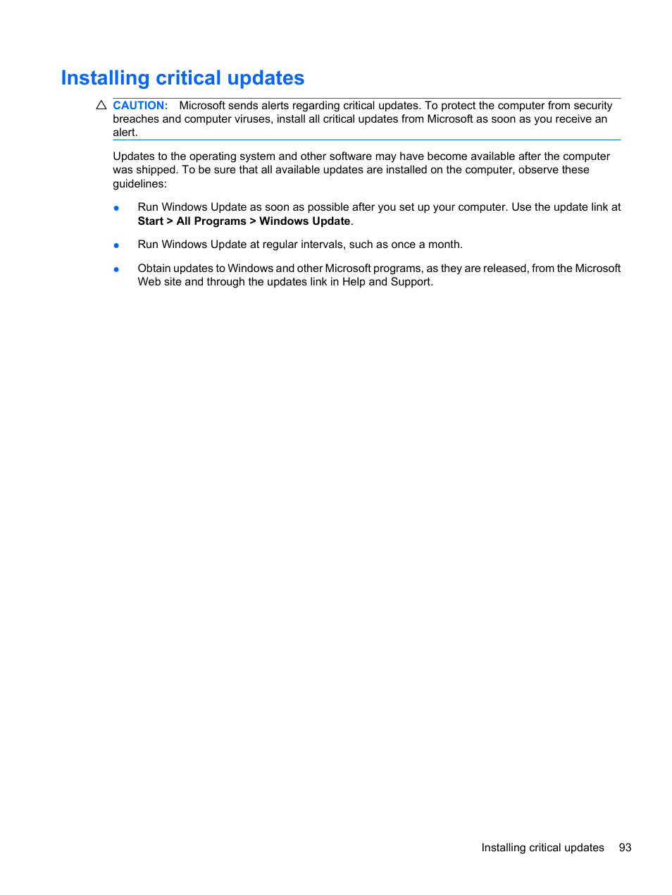 Installing critical updates | HP Compaq Presario CQ42-152TU Notebook PC User Manual | Page 103 / 123