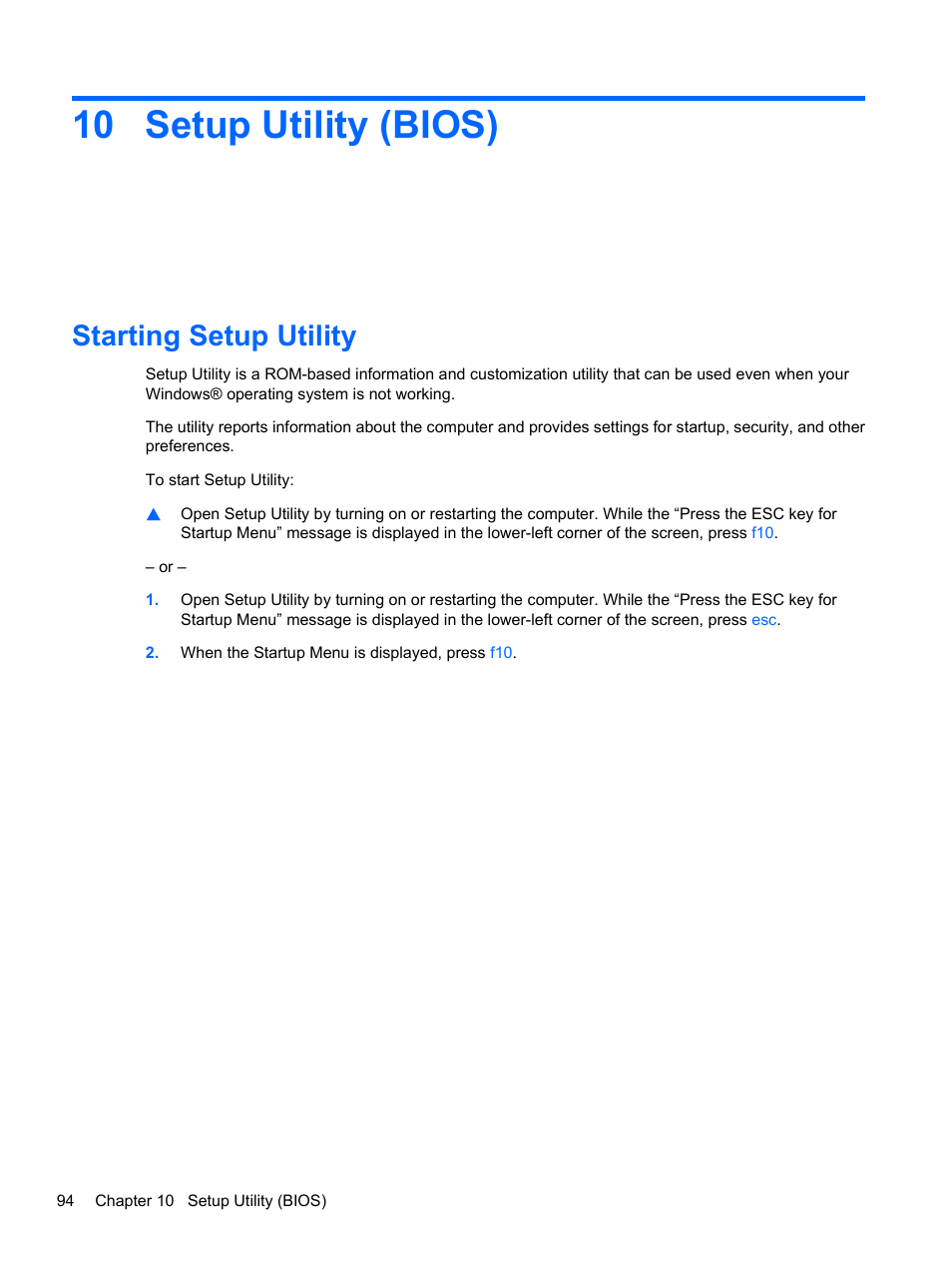 Setup utility (bios), Starting setup utility, 10 setup utility (bios) | HP Compaq Presario CQ42-152TU Notebook PC User Manual | Page 104 / 123