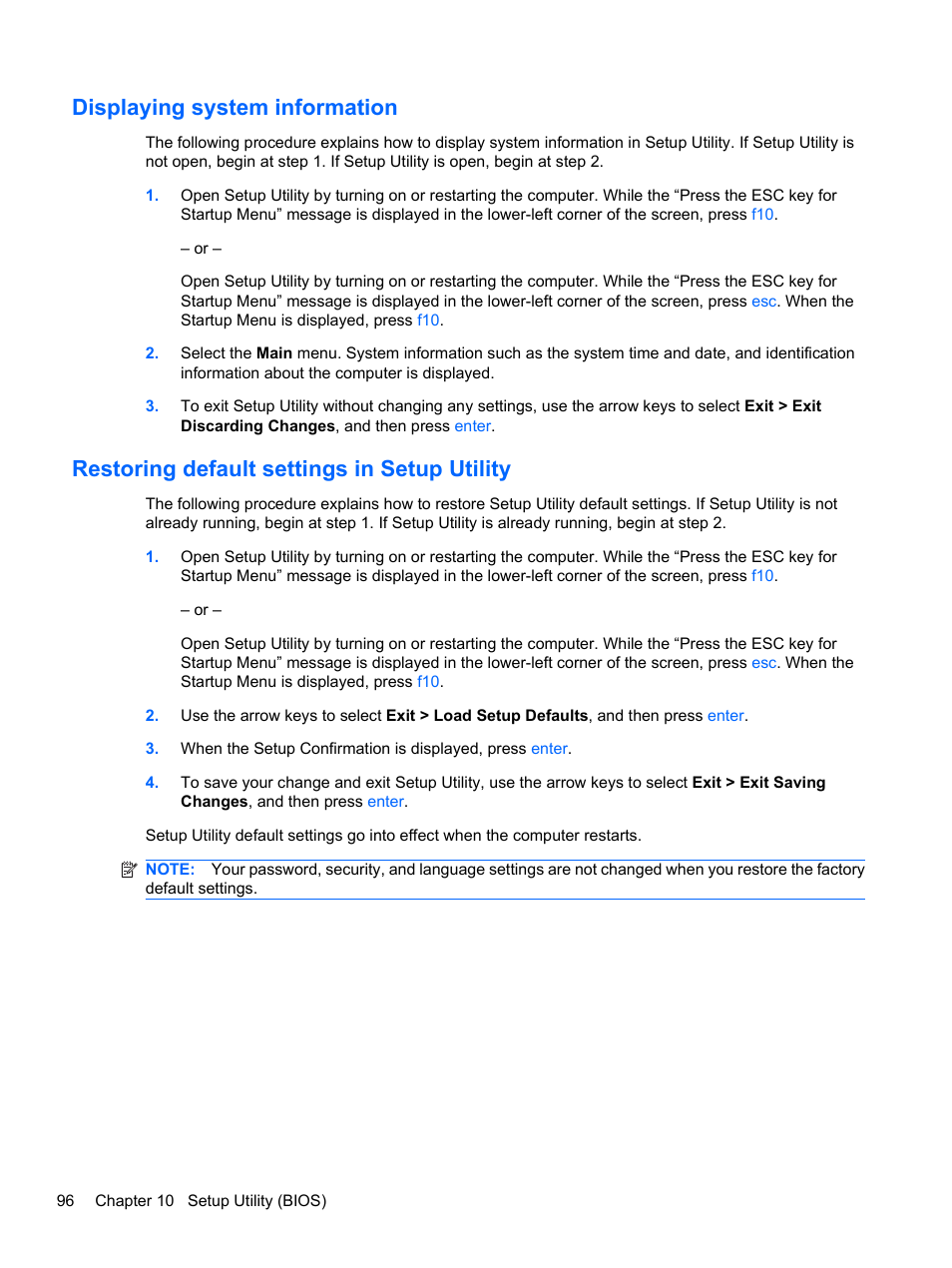 Displaying system information, Restoring default settings in setup utility | HP Compaq Presario CQ42-152TU Notebook PC User Manual | Page 106 / 123