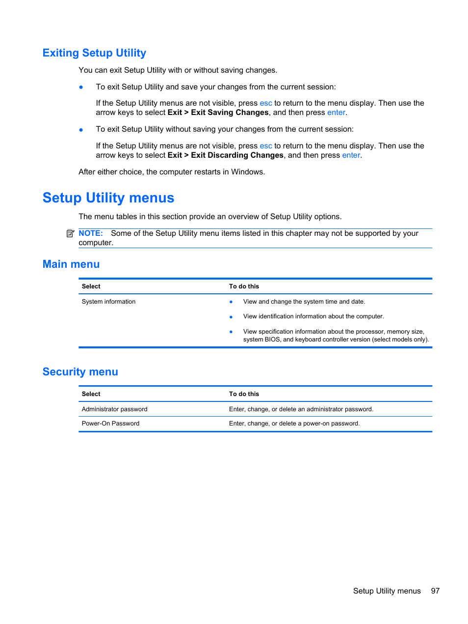 Exiting setup utility, Setup utility menus, Main menu | Security menu, Main menu security menu | HP Compaq Presario CQ42-152TU Notebook PC User Manual | Page 107 / 123