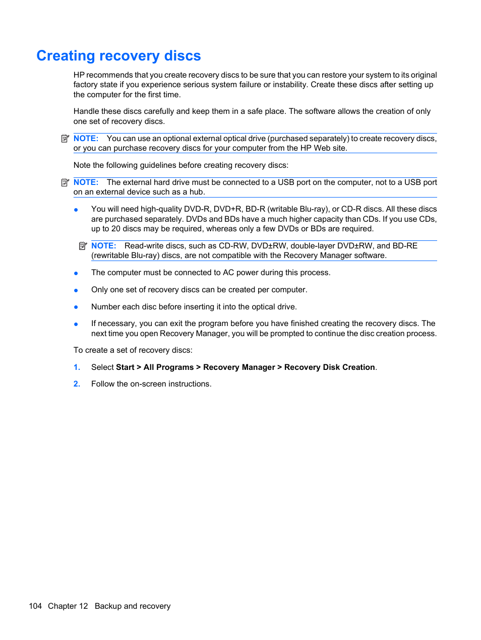Creating recovery discs | HP Compaq Presario CQ42-152TU Notebook PC User Manual | Page 114 / 123
