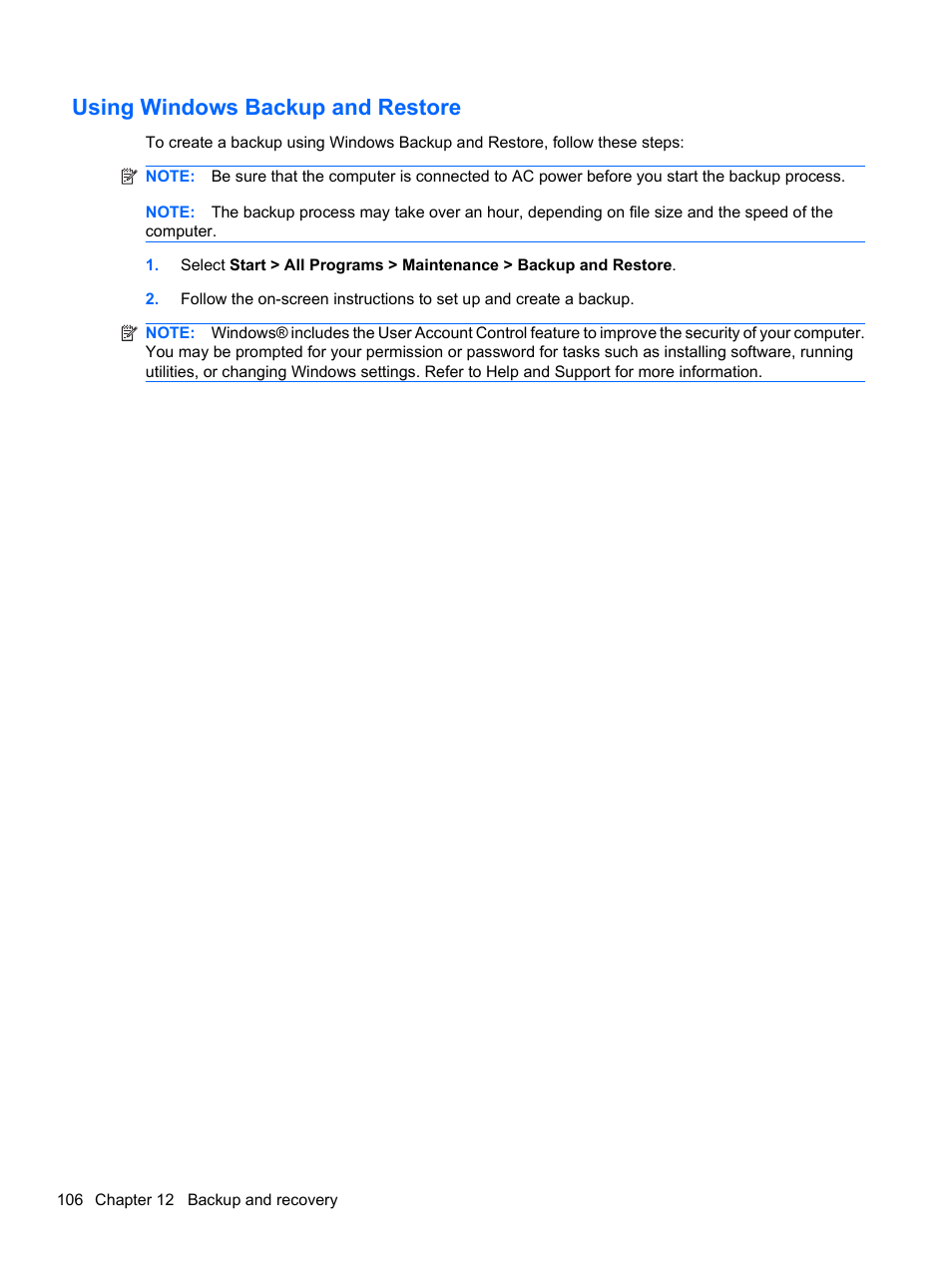 Using windows backup and restore | HP Compaq Presario CQ42-152TU Notebook PC User Manual | Page 116 / 123