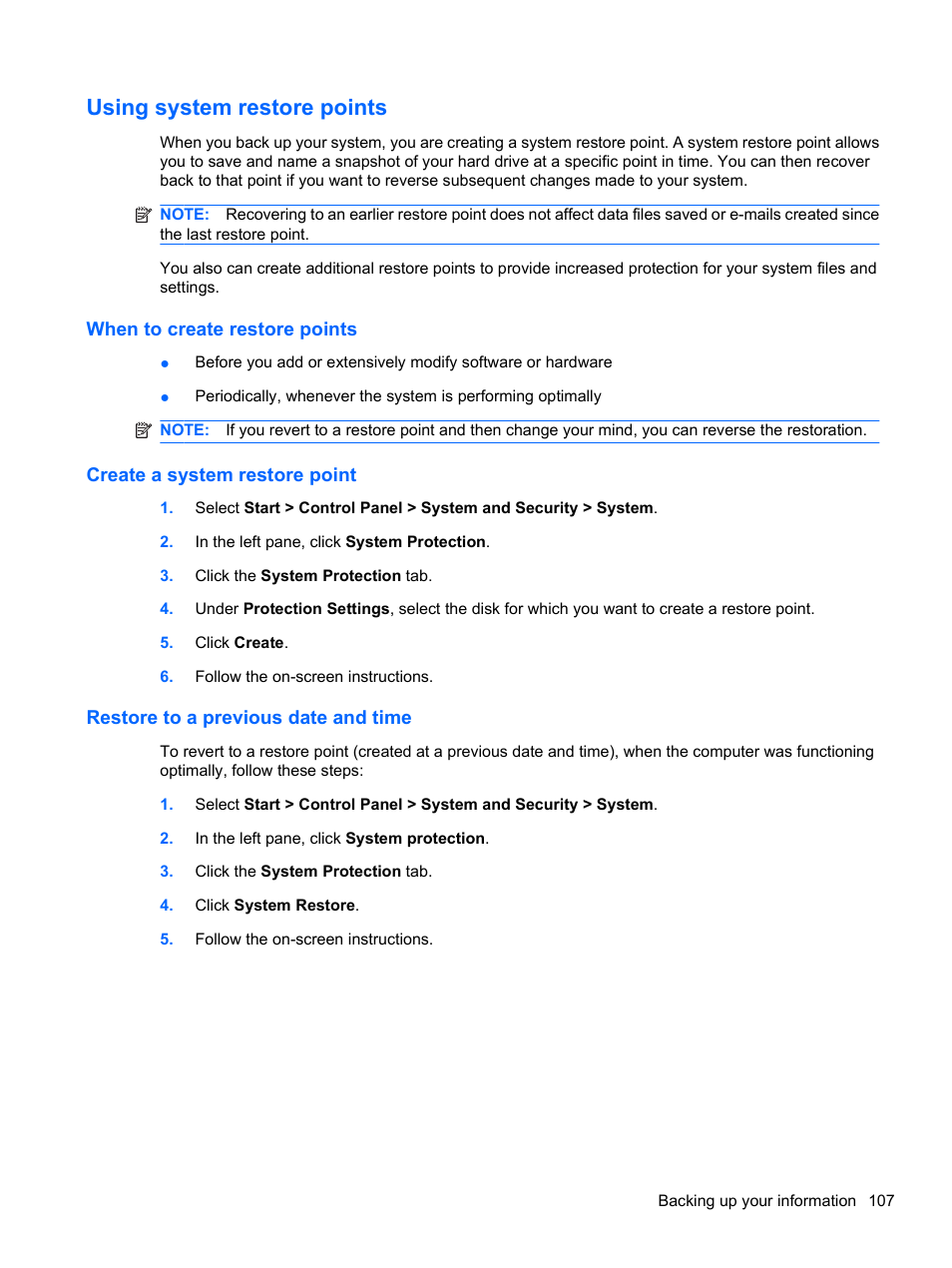 Using system restore points, When to create restore points, Create a system restore point | Restore to a previous date and time | HP Compaq Presario CQ42-152TU Notebook PC User Manual | Page 117 / 123