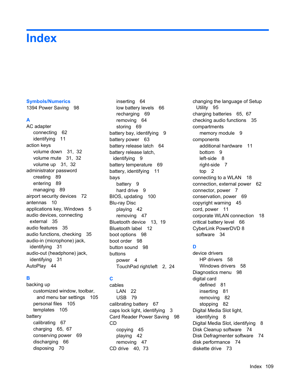 Index | HP Compaq Presario CQ42-152TU Notebook PC User Manual | Page 119 / 123