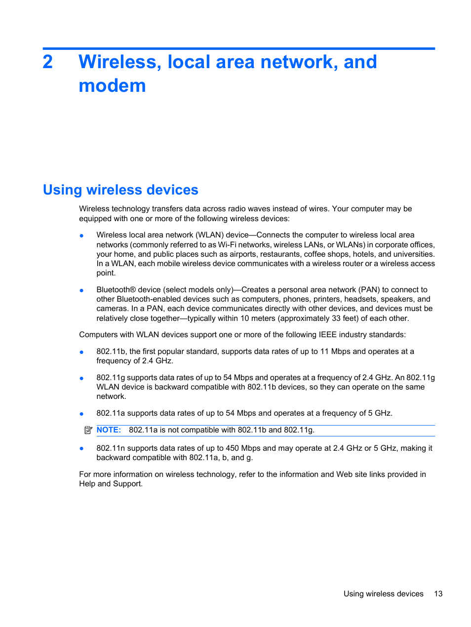Wireless, local area network, and modem, Using wireless devices, 2 wireless, local area network, and modem | 2wireless, local area network, and modem | HP Compaq Presario CQ42-152TU Notebook PC User Manual | Page 23 / 123