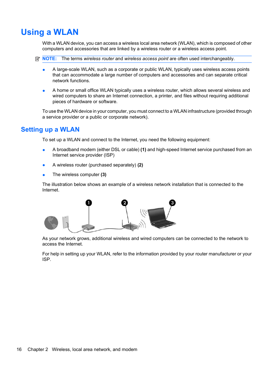 Using a wlan, Setting up a wlan | HP Compaq Presario CQ42-152TU Notebook PC User Manual | Page 26 / 123