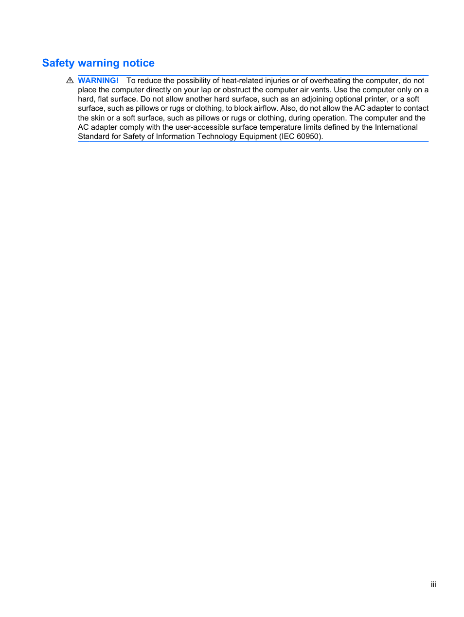 Safety warning notice | HP Compaq Presario CQ42-152TU Notebook PC User Manual | Page 3 / 123