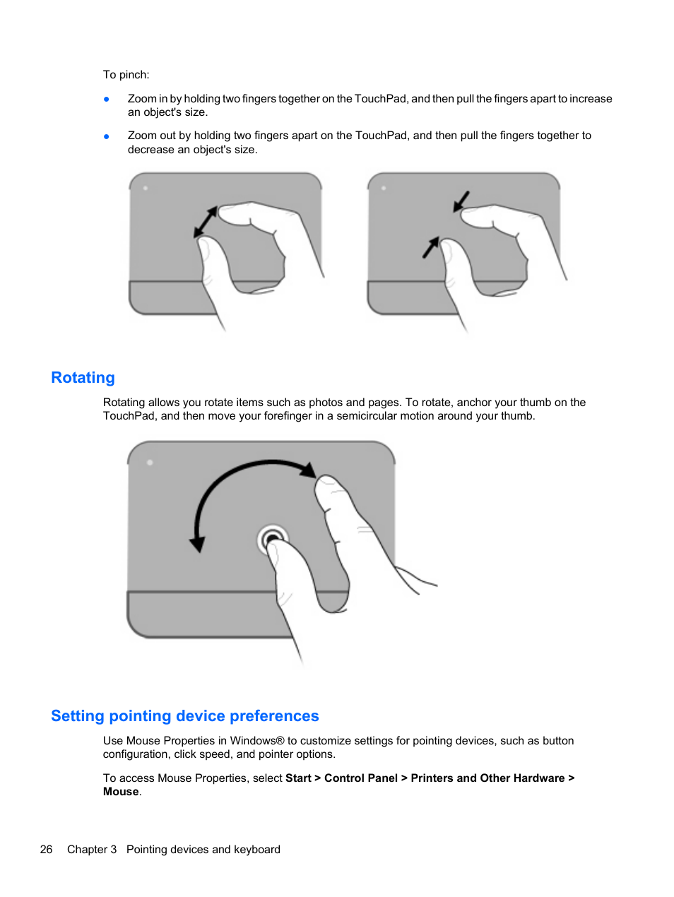 Rotating, Setting pointing device preferences, Rotating setting pointing device preferences | HP Compaq Presario CQ42-152TU Notebook PC User Manual | Page 36 / 123