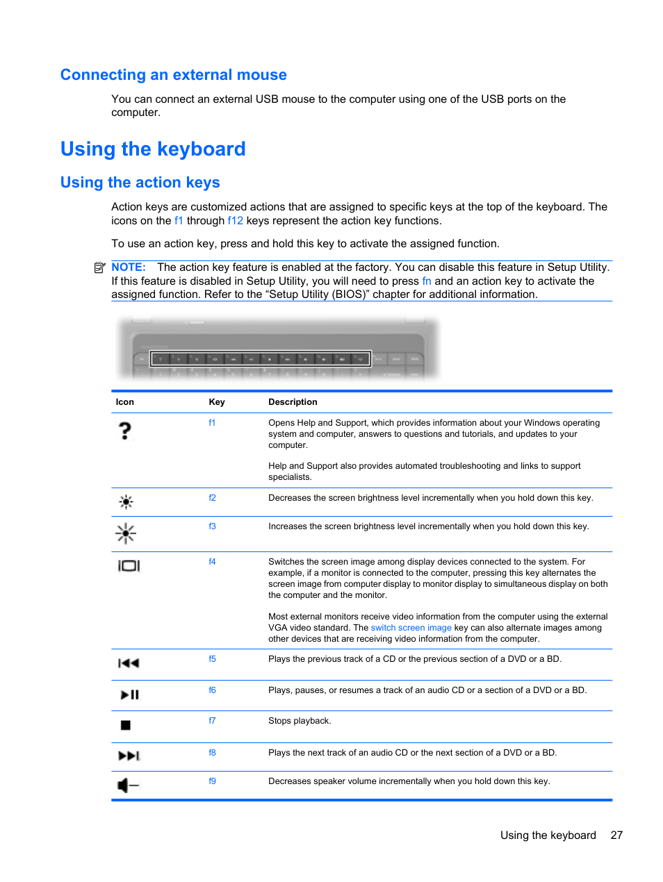 Connecting an external mouse, Using the keyboard, Using the action keys | HP Compaq Presario CQ42-152TU Notebook PC User Manual | Page 37 / 123