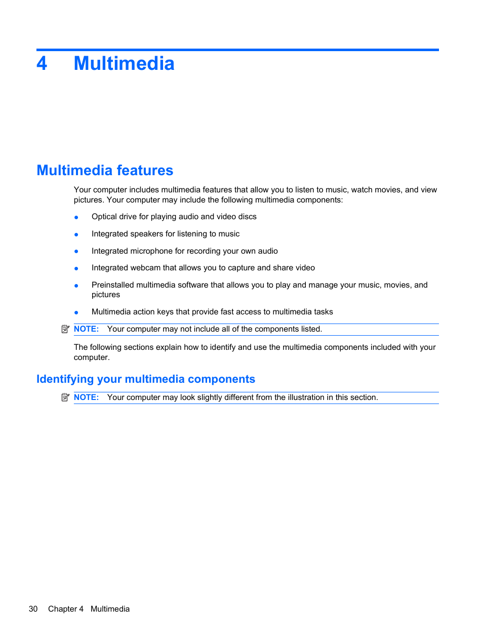 Multimedia, Multimedia features, Identifying your multimedia components | 4 multimedia, 4multimedia | HP Compaq Presario CQ42-152TU Notebook PC User Manual | Page 40 / 123
