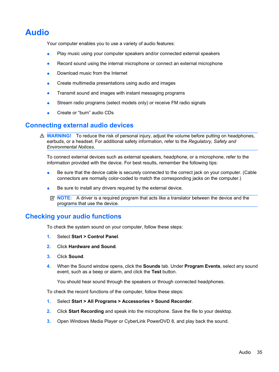 Audio, Connecting external audio devices, Checking your audio functions | HP Compaq Presario CQ42-152TU Notebook PC User Manual | Page 45 / 123