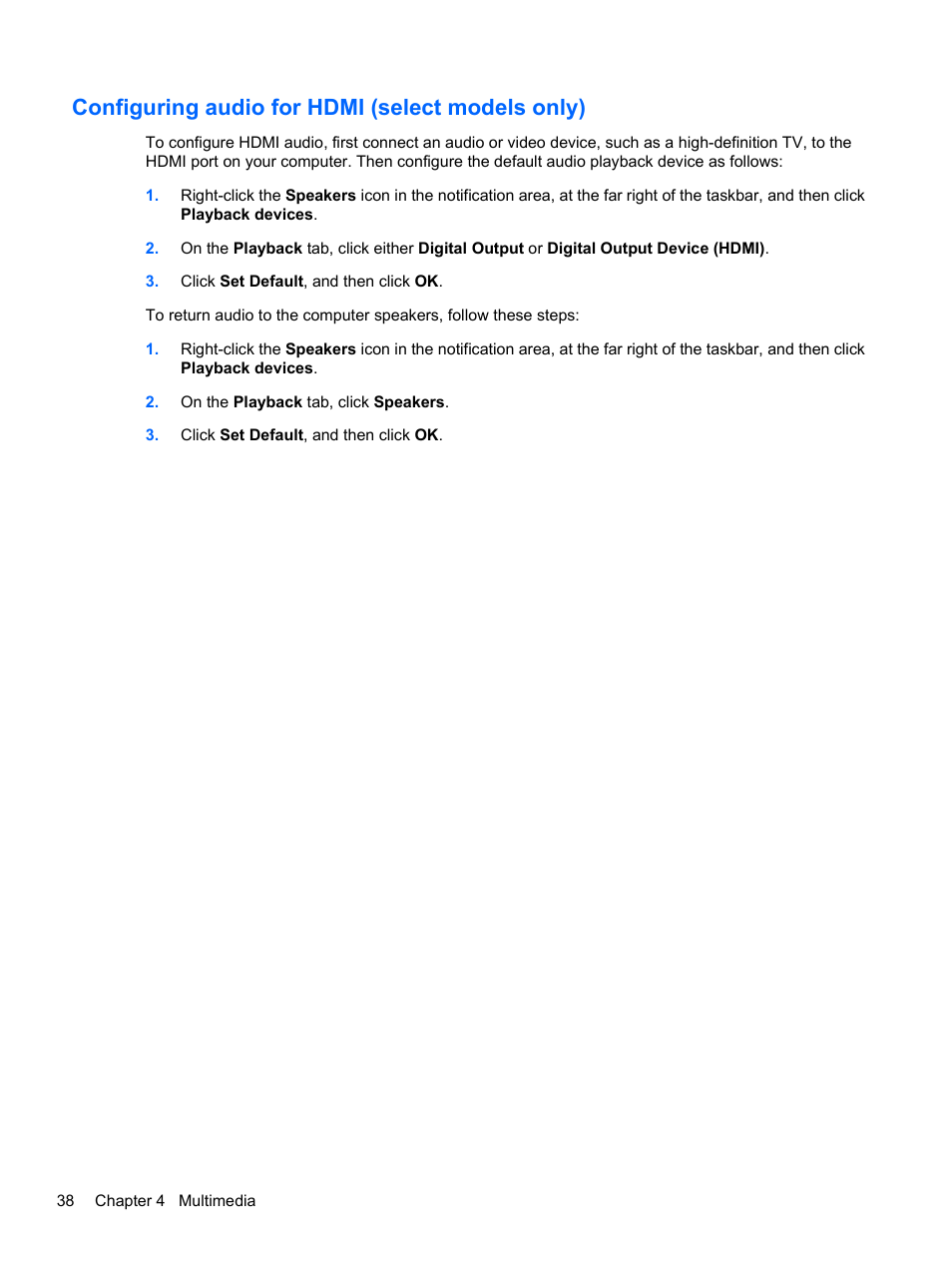 Configuring audio for hdmi (select models only) | HP Compaq Presario CQ42-152TU Notebook PC User Manual | Page 48 / 123