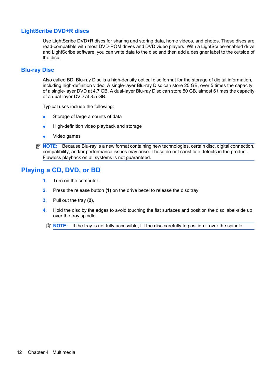 Lightscribe dvd+r discs, Blu-ray disc, Playing a cd, dvd, or bd | Lightscribe dvd+r discs blu-ray disc | HP Compaq Presario CQ42-152TU Notebook PC User Manual | Page 52 / 123