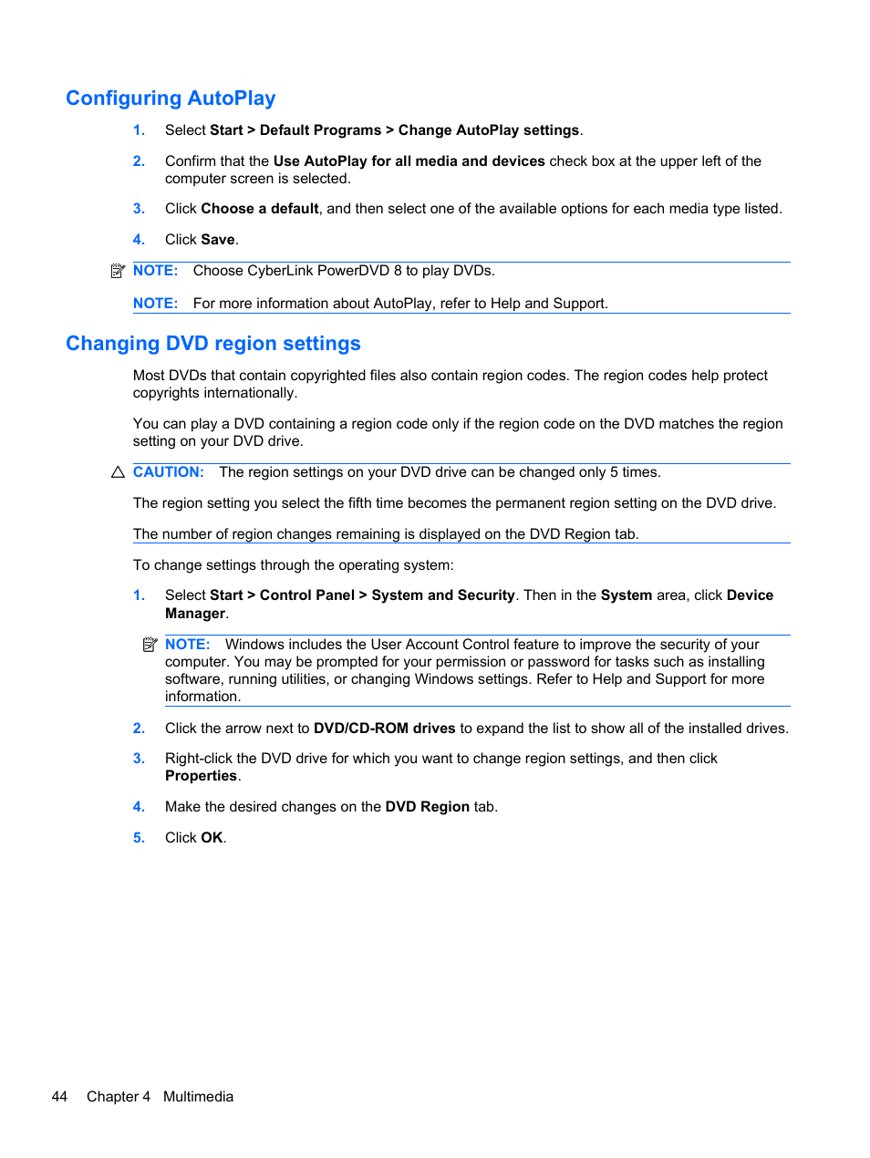 Configuring autoplay, Changing dvd region settings, Configuring autoplay changing dvd region settings | HP Compaq Presario CQ42-152TU Notebook PC User Manual | Page 54 / 123