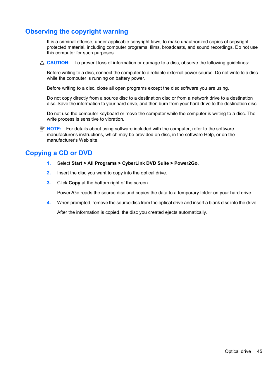 Observing the copyright warning, Copying a cd or dvd | HP Compaq Presario CQ42-152TU Notebook PC User Manual | Page 55 / 123