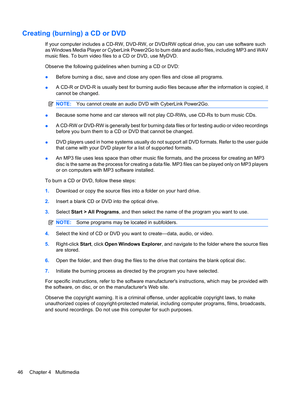 Creating (burning) a cd or dvd | HP Compaq Presario CQ42-152TU Notebook PC User Manual | Page 56 / 123