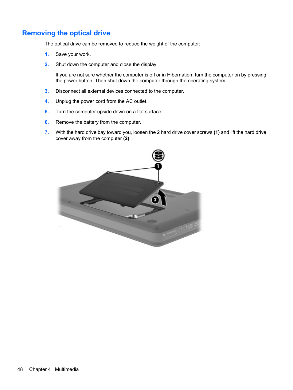 Removing the optical drive | HP Compaq Presario CQ42-152TU Notebook PC User Manual | Page 58 / 123