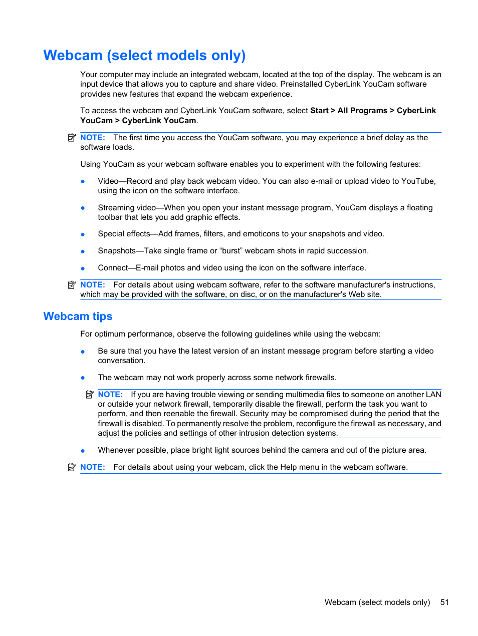 Webcam (select models only), Webcam tips | HP Compaq Presario CQ42-152TU Notebook PC User Manual | Page 61 / 123