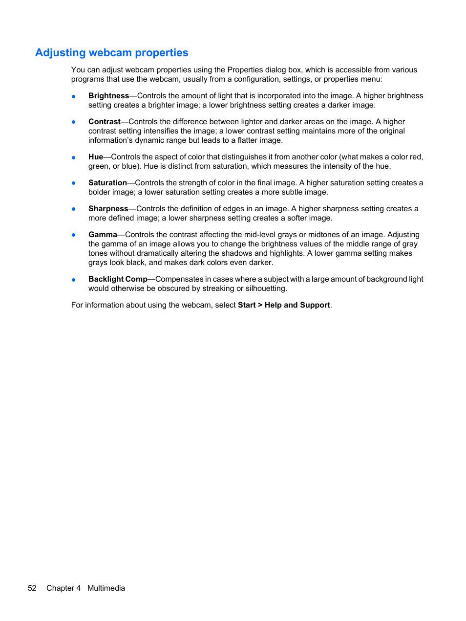 Adjusting webcam properties | HP Compaq Presario CQ42-152TU Notebook PC User Manual | Page 62 / 123