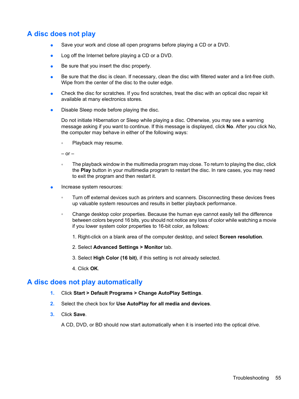 A disc does not play, A disc does not play automatically | HP Compaq Presario CQ42-152TU Notebook PC User Manual | Page 65 / 123