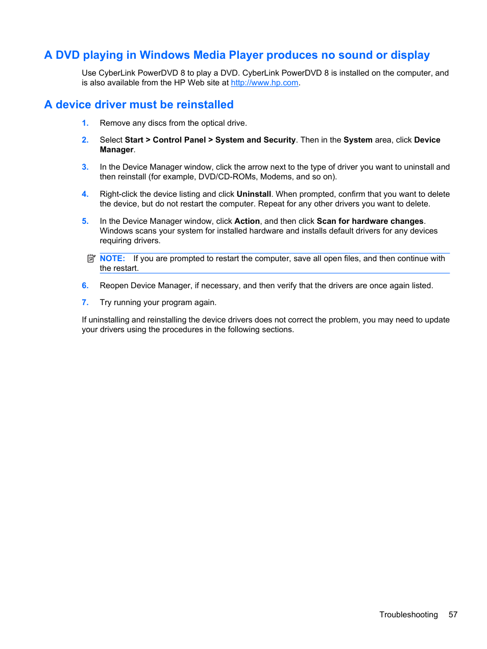 A device driver must be reinstalled | HP Compaq Presario CQ42-152TU Notebook PC User Manual | Page 67 / 123