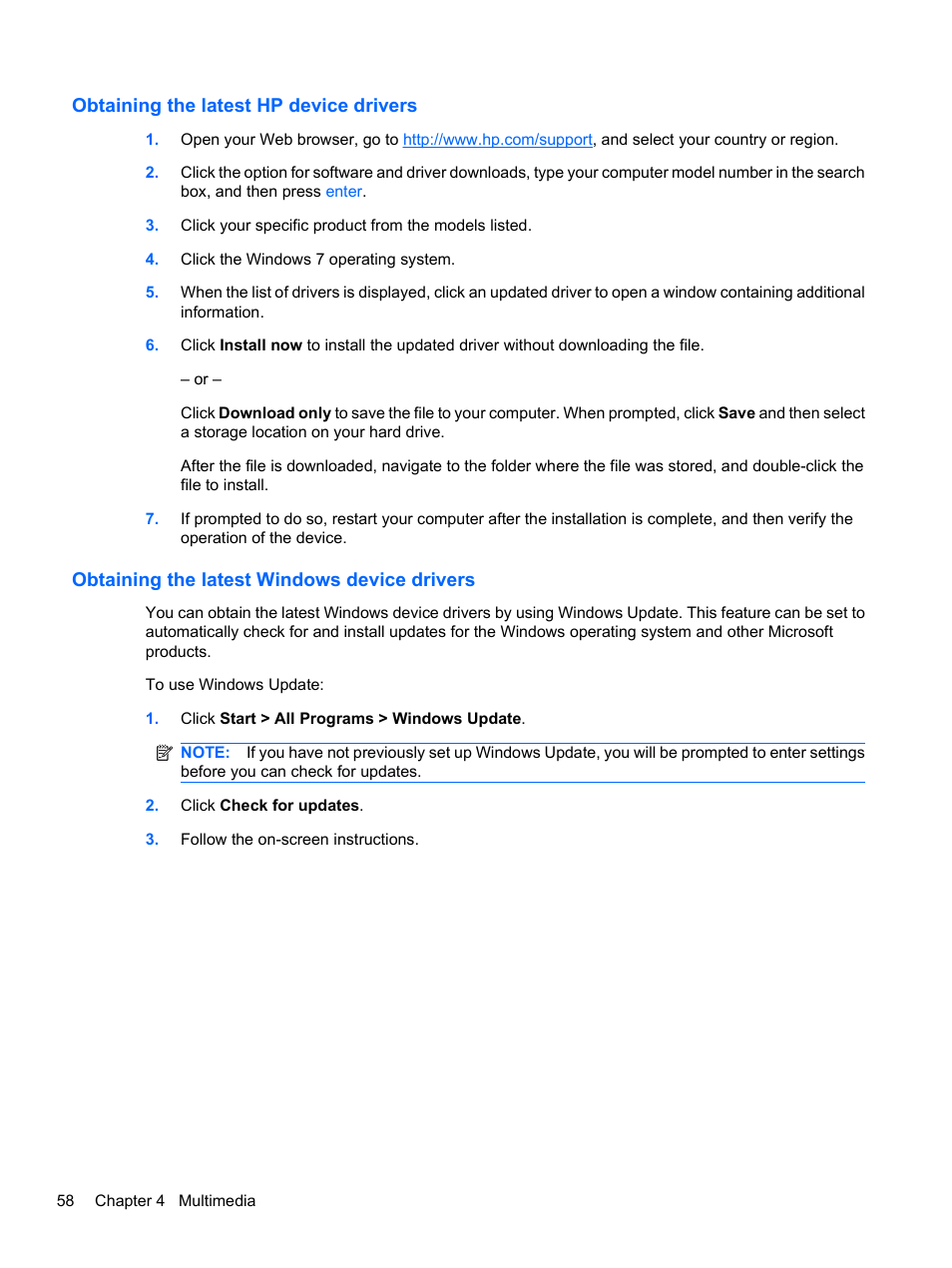 Obtaining the latest hp device drivers, Obtaining the latest windows device drivers | HP Compaq Presario CQ42-152TU Notebook PC User Manual | Page 68 / 123