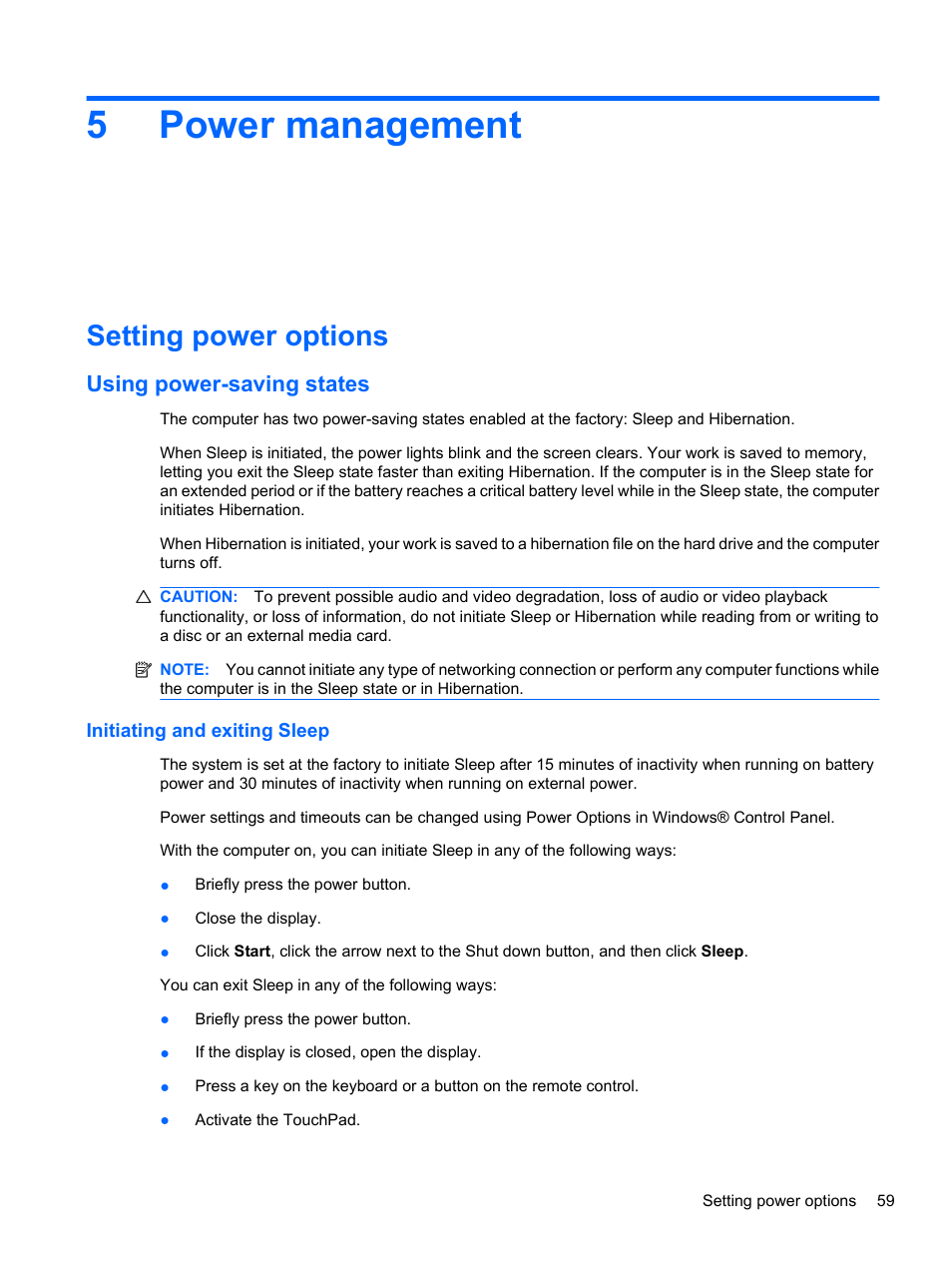 Power management, Setting power options, Using power-saving states | Initiating and exiting sleep, 5 power management, 5power management | HP Compaq Presario CQ42-152TU Notebook PC User Manual | Page 69 / 123